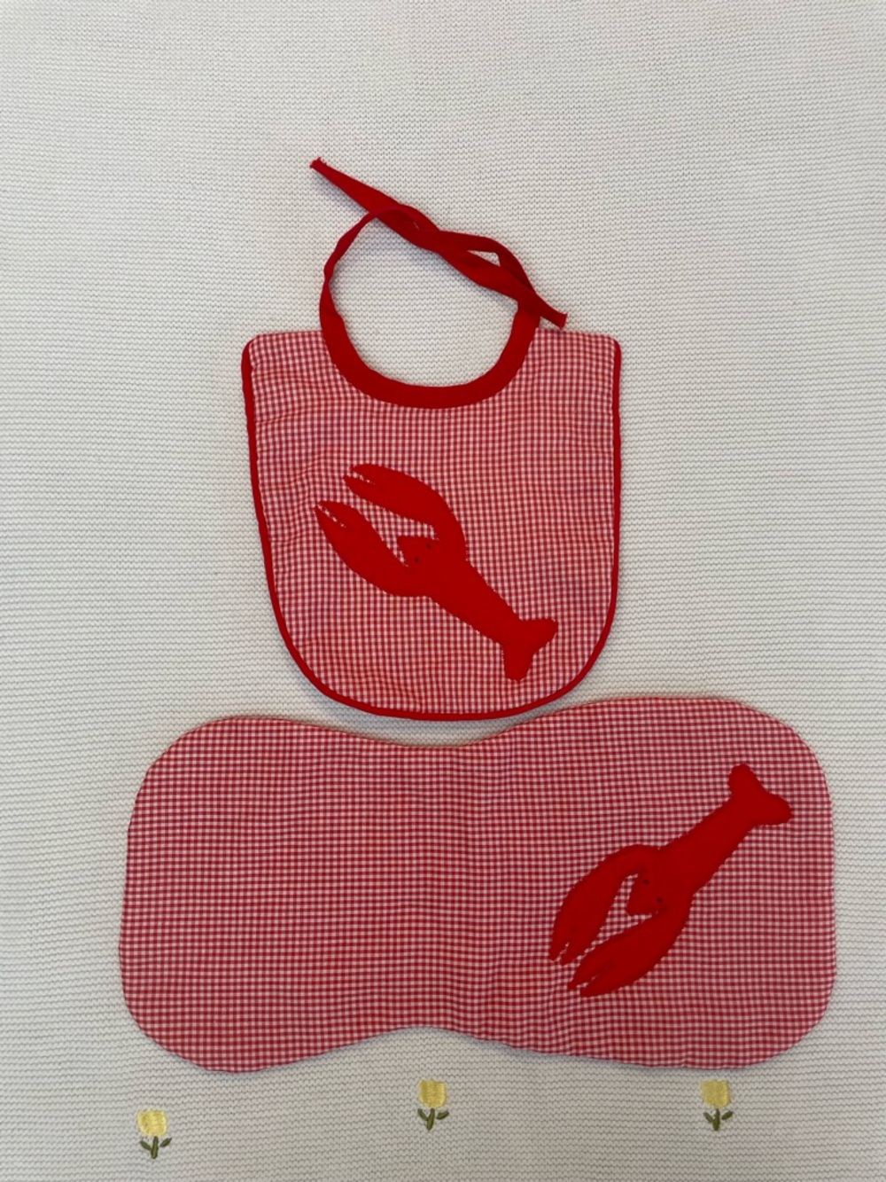 Handmade Red Gingham Lobster Baby Bib & Burp Cloth Set Nautical Coastal Preppy